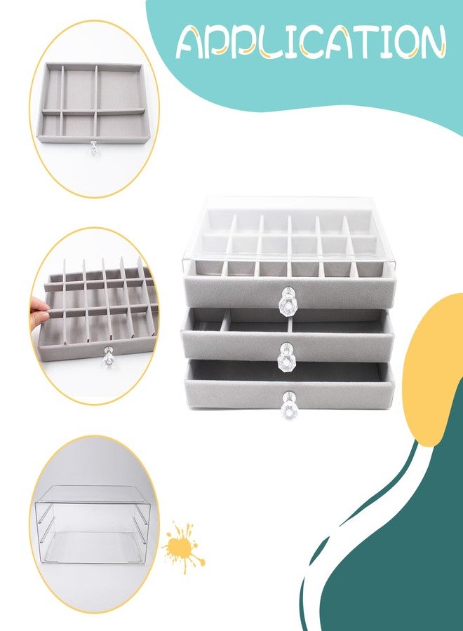 Hiyoo Jewelry Box with 3 Drawers, Acrylic Earring Holder Organizer with Flannel Trays, Clear Jewelry Organizer for Women Girls, Display Holder for Earrings Ring Bracelet Necklace, Gray, 3 Layers - Image 3