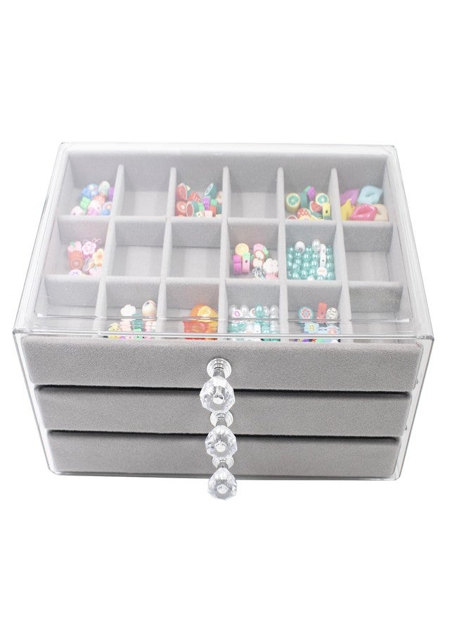 Hiyoo Jewelry Box with 3 Drawers, Acrylic Earring Holder Organizer with Flannel Trays, Clear Jewelry Organizer for Women Girls, Display Holder for Earrings Ring Bracelet Necklace, Gray, 3 Layers - Image 1