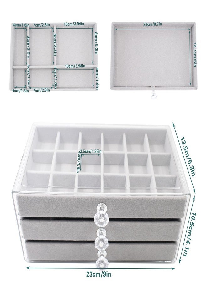 Hiyoo Jewelry Box with 3 Drawers, Acrylic Earring Holder Organizer with Flannel Trays, Clear Jewelry Organizer for Women Girls, Display Holder for Earrings Ring Bracelet Necklace, Gray, 3 Layers - Image 2