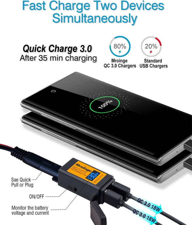 Mroinge Motorcycle USB Charger, 6.8A SAE to USB Adapter with Dual Port QC3.0 Fast Charge - Image 3