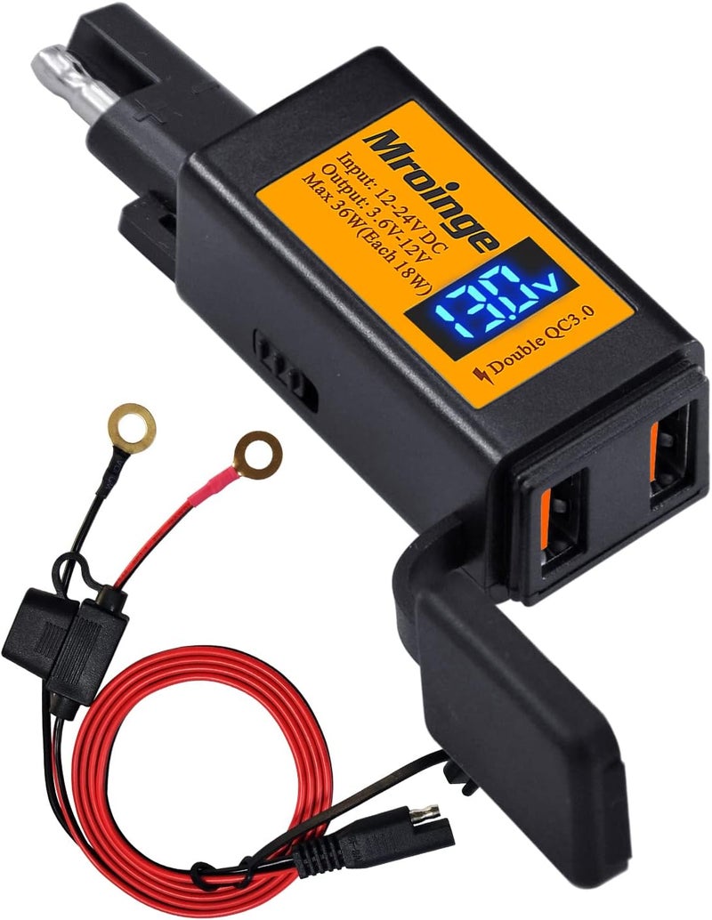 Mroinge Motorcycle USB Charger, 6.8A SAE to USB Adapter with Dual Port QC3.0 Fast Charge - Image 1