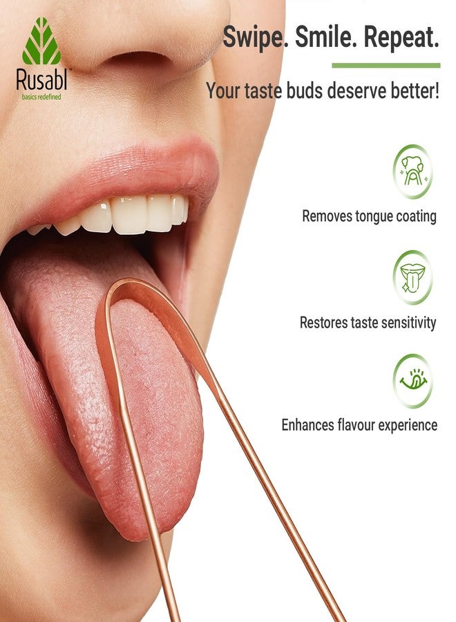 Rusabl منظف اللسان النحاسي من روسابل للرجال والنساء، لنَفَسٍ منعش وإزالة البكتيريا، وتحسين حاسة التذوق ونظافة الفم، سهل الاستخدام، مكشطة لسان نحاسية هندية نقية 100% لمنع رائحة الفم الكريهة (عبوة من قطعتين) - Image 4