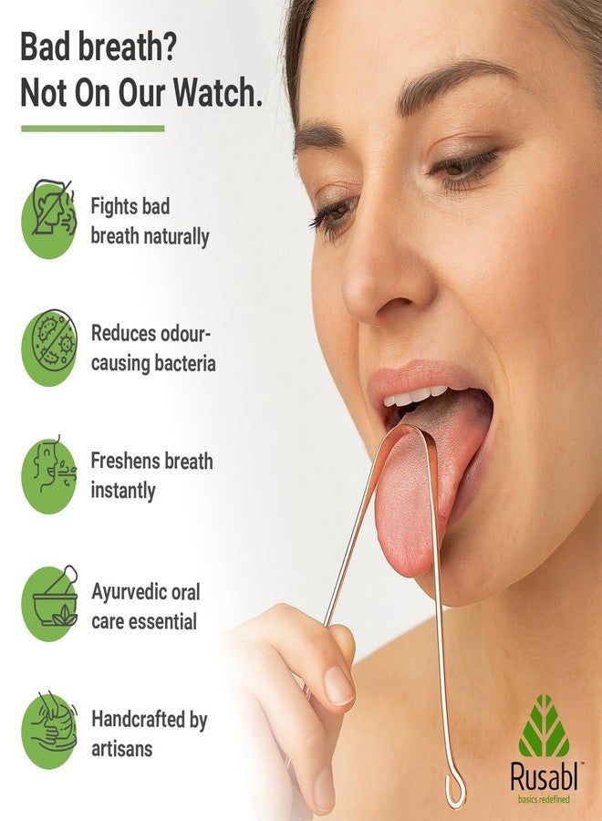 Rusabl منظف اللسان النحاسي من روسابل للرجال والنساء، لنَفَسٍ منعش وإزالة البكتيريا، وتحسين حاسة التذوق ونظافة الفم، سهل الاستخدام، مكشطة لسان نحاسية هندية نقية 100% لمنع رائحة الفم الكريهة (عبوة من قطعتين) - Image 3