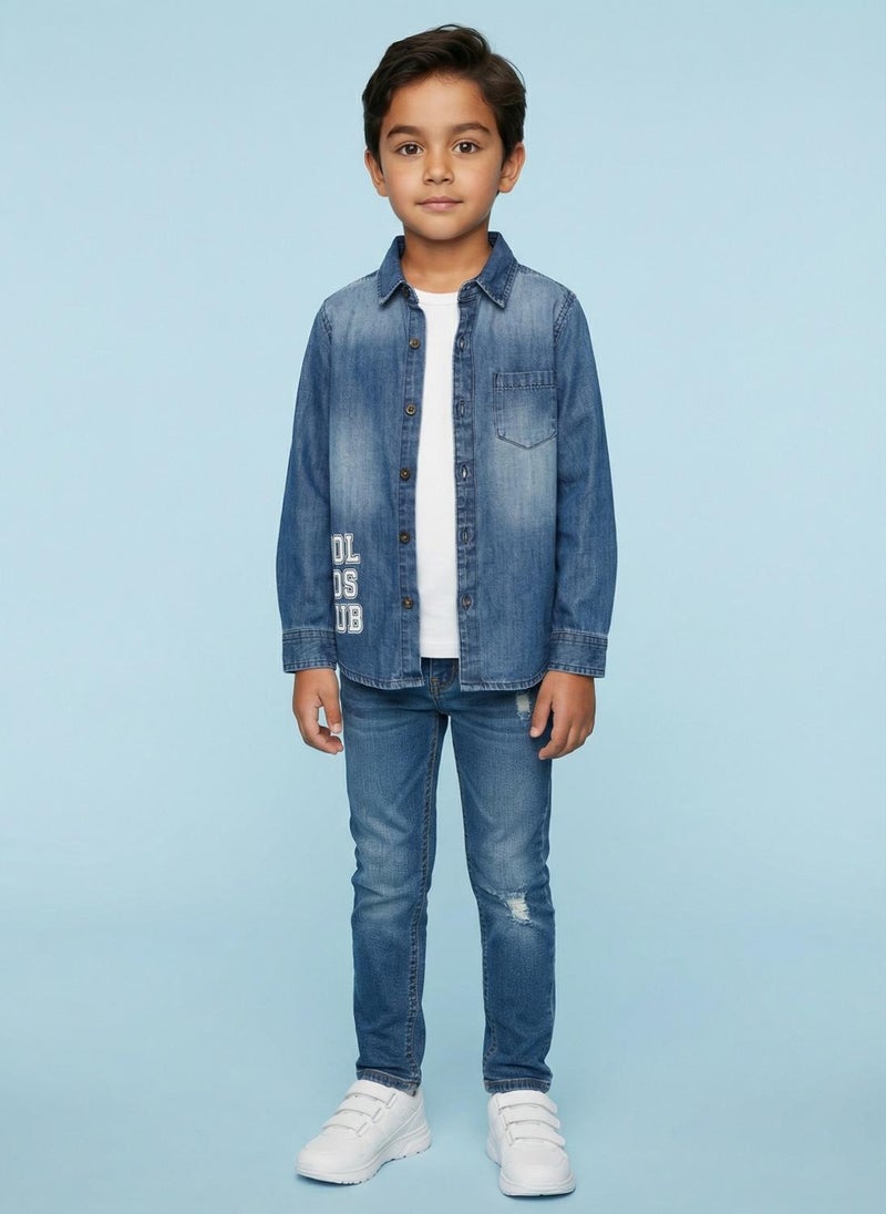 Nautinati Boys' 100% Cotton Dark Wash Varsity Placement Print Denim Shirt - Image 2