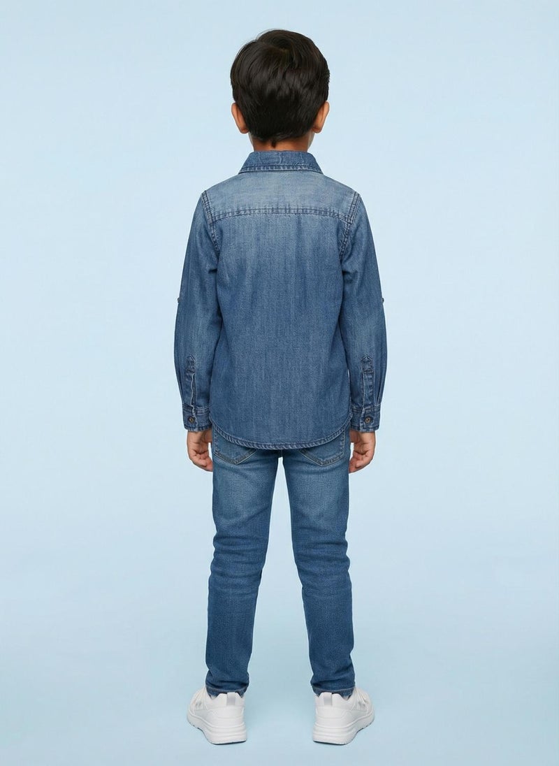 Nautinati Boys' 100% Cotton Dark Wash Varsity Placement Print Denim Shirt - Image 4