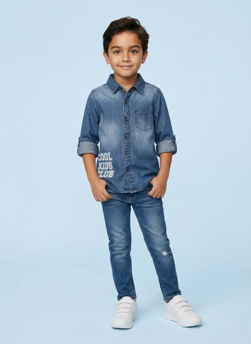 Nautinati Boys' 100% Cotton Dark Wash Varsity Placement Print Denim Shirt - Image 3
