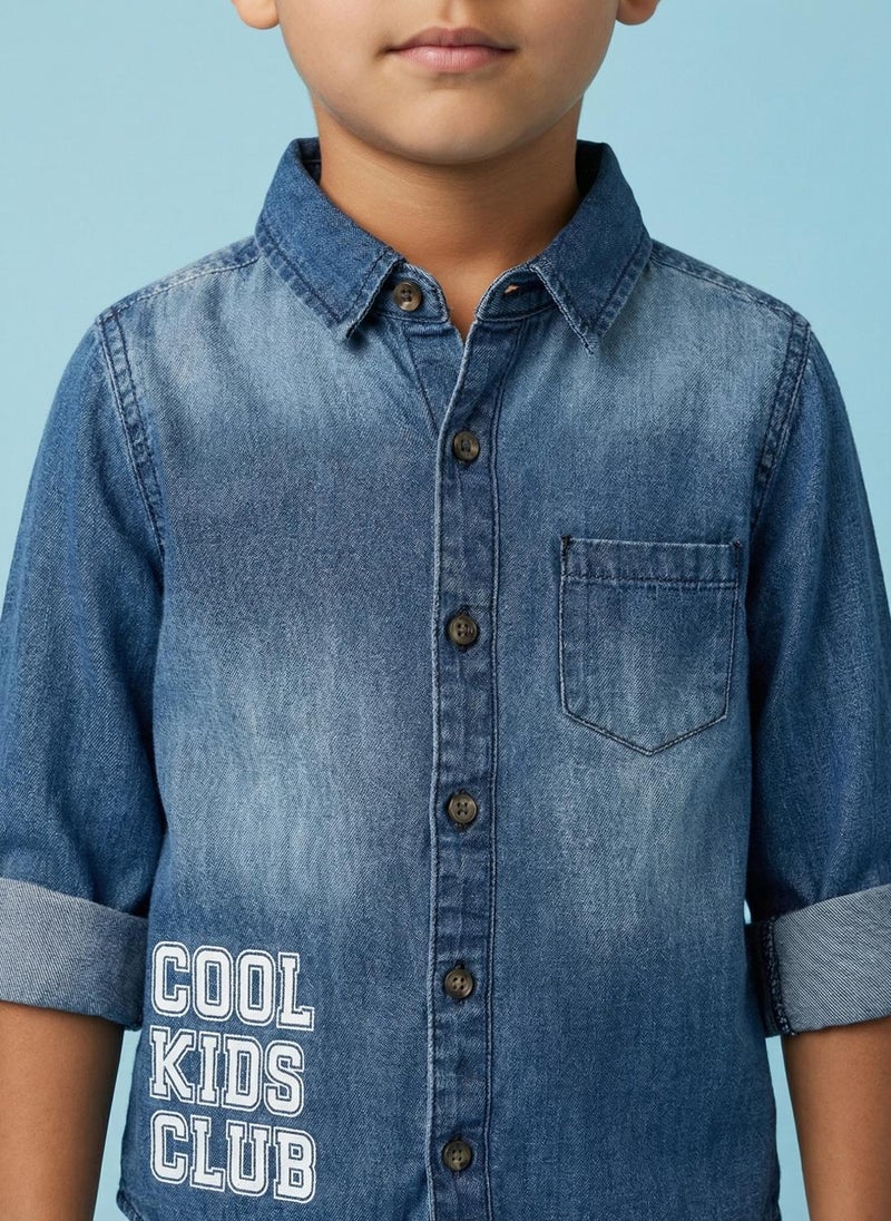 Nautinati Boys' 100% Cotton Dark Wash Varsity Placement Print Denim Shirt - Image 5