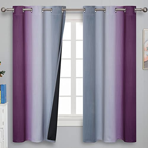 Ombre Purple and Gray Blackout Curtains 63 Inch Length 2 panels Full Room Darkening Grommet Thermal Insulated Gradient Drapes for Girls Room Full Light Blocking Curtains for Bedroom 42x63 Inch