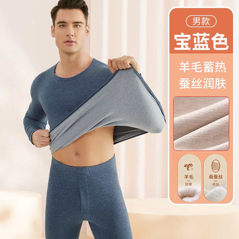 New Cashmere Silk Thermal Underwear Men'S Suit Round Neck Cold-Proof Fleece-Lined Base Warm Clothes - Image 1