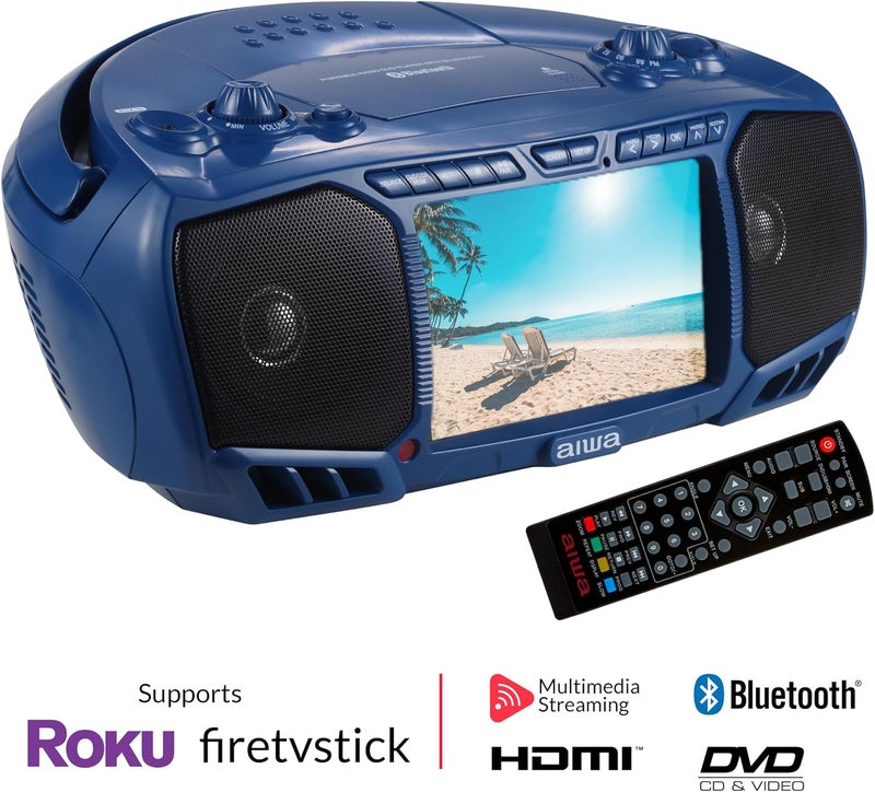 أيوا Aiwa Portable Boombox, Crystal Clear Sound with 3W x 2 Speakers and Bass Function, Featuring a 7" LCD Display, Bluetooth Connectivity, FM Radio, CD/DVD Player, Streaming on Roku and Amazon Firestick - Image 3