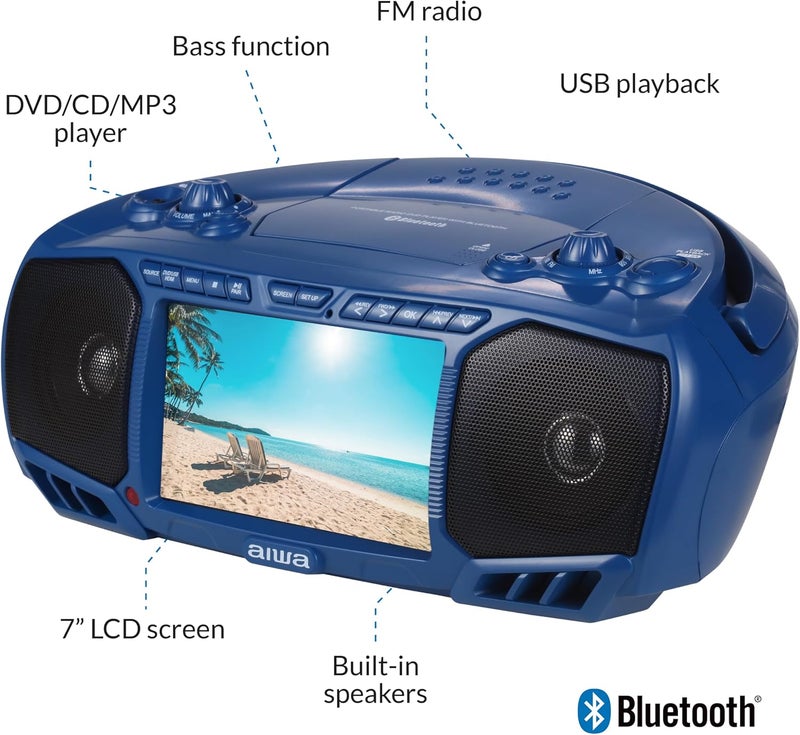 أيوا Aiwa Portable Boombox, Crystal Clear Sound with 3W x 2 Speakers and Bass Function, Featuring a 7" LCD Display, Bluetooth Connectivity, FM Radio, CD/DVD Player, Streaming on Roku and Amazon Firestick - Image 2