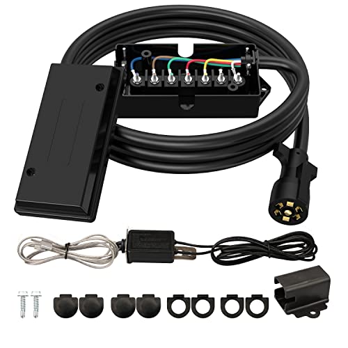 RVGUARD 7 Way 8 Foot Trailer Cord with 7 Gang Junction Box Kit Include 12V Breakaway Switch and Plug Holder Trailer Connector Cable Wiring Harness with Waterproof Junction Box