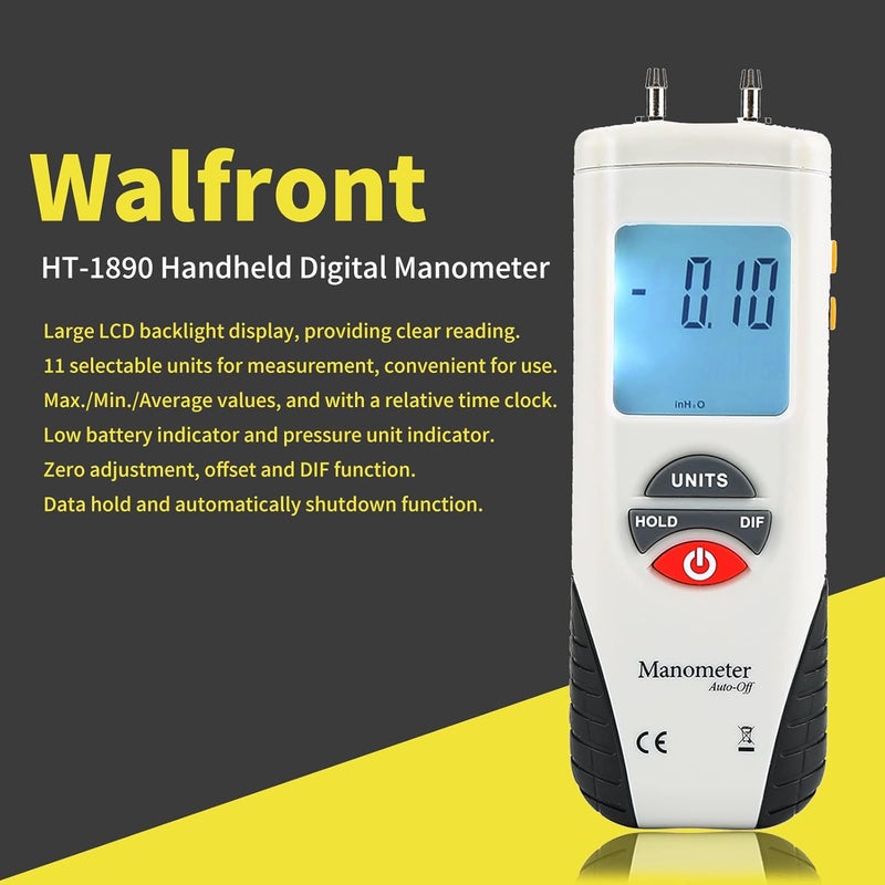 Wal front Digital Manometer HT-1890 Dual Port LCD Display Backlight Air Pressure Meter Differential Gauge Gas Pressure Tester with Storage Case 10Psi Pressure - Image 3