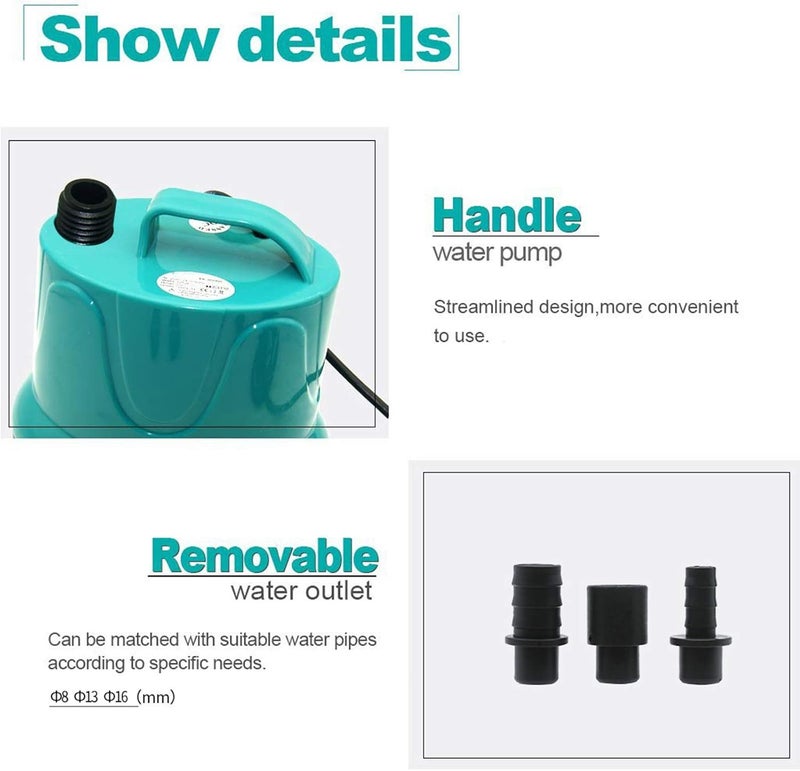 UPETTOOLS Submersible Water Pump, Ultra Silence Circulation Multifunctional Water Pump with Handle for Pond, Aquarium, Hydroponics, Fish Tank Fountain with 4.6ft (1.4M) Power Cord(66GPH,5W) Green - Image 3