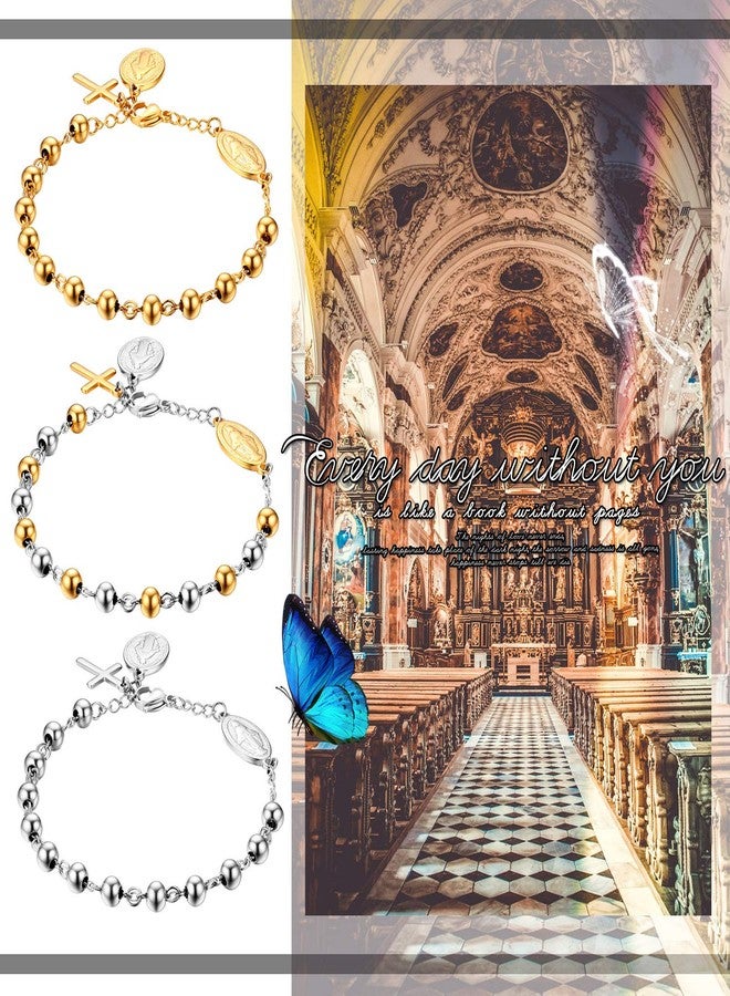 Cupimatch 3pcs Unisex Christian Jesus Crucifix Cross Rosary Beads Pendant Bracelet, Adjustable Gold Vintage Stainless Steel Charm Link Chain Bracelet 7.8" for Mother's Day - Image 2