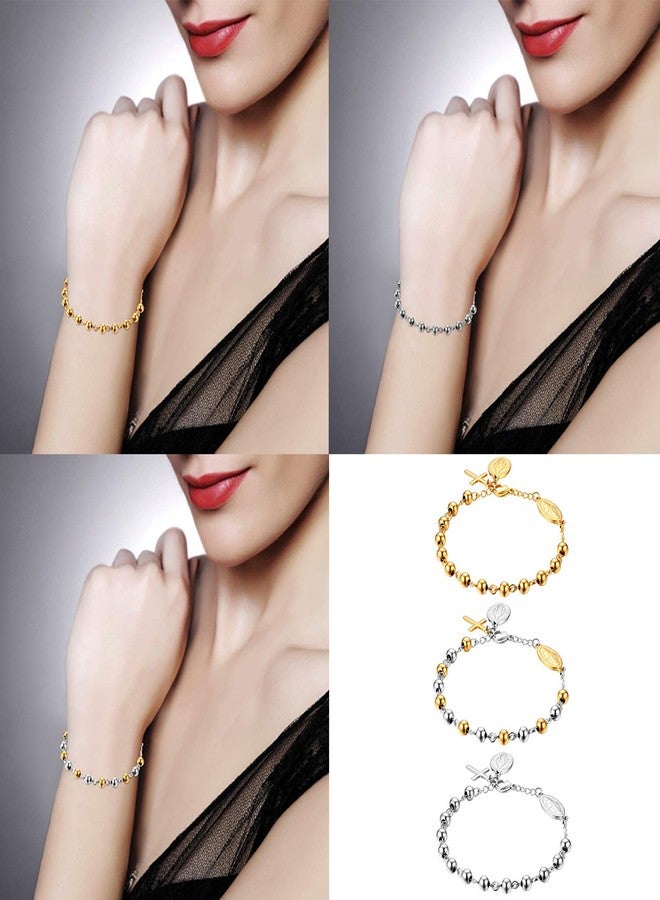 Cupimatch 3pcs Unisex Christian Jesus Crucifix Cross Rosary Beads Pendant Bracelet, Adjustable Gold Vintage Stainless Steel Charm Link Chain Bracelet 7.8" for Mother's Day - Image 5