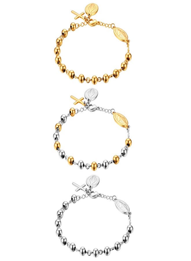 Cupimatch 3pcs Unisex Christian Jesus Crucifix Cross Rosary Beads Pendant Bracelet, Adjustable Gold Vintage Stainless Steel Charm Link Chain Bracelet 7.8" for Mother's Day - Image 1