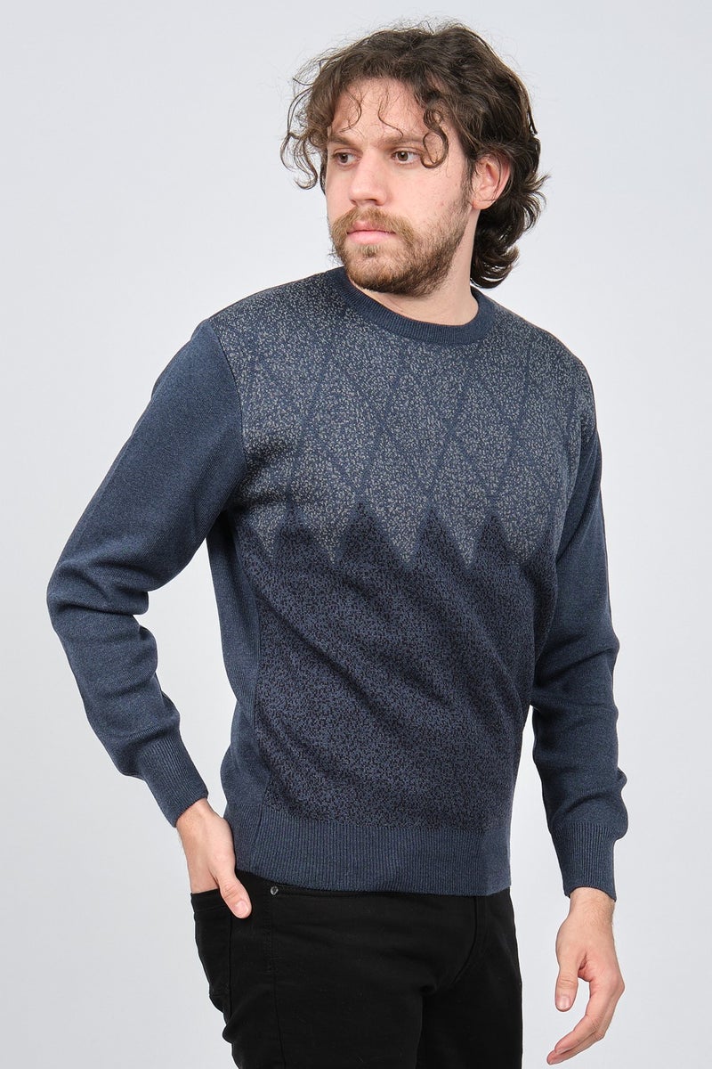 Ateş Triko Ateş Knitwear Men's Crew Neck Patterned Sweater 6091805 Indigo  - Image 3