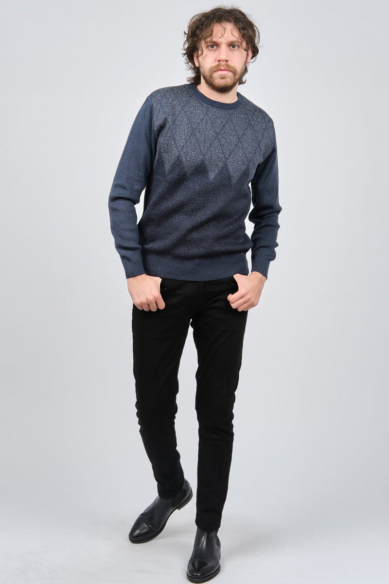 Ateş Triko Ateş Knitwear Men's Crew Neck Patterned Sweater 6091805 Indigo  - Image 2