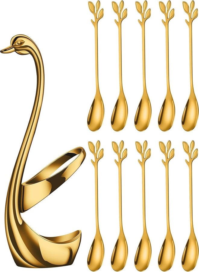 S SMITEX Smitex 10-Piece Swan Coffee Spoon Set, Metal Coffee Dessert Spoon Set, Cutlery Holder, Dessert Spoon with Swan Base Stand for Cake, Salad, Cocktail, Dessert - Image 1