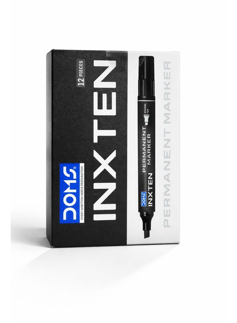 DOMS INXTEN Permanent Marker Pen Black – Chisel Tip | Pack of 12 | Multi-Surface UV Resistant Ink