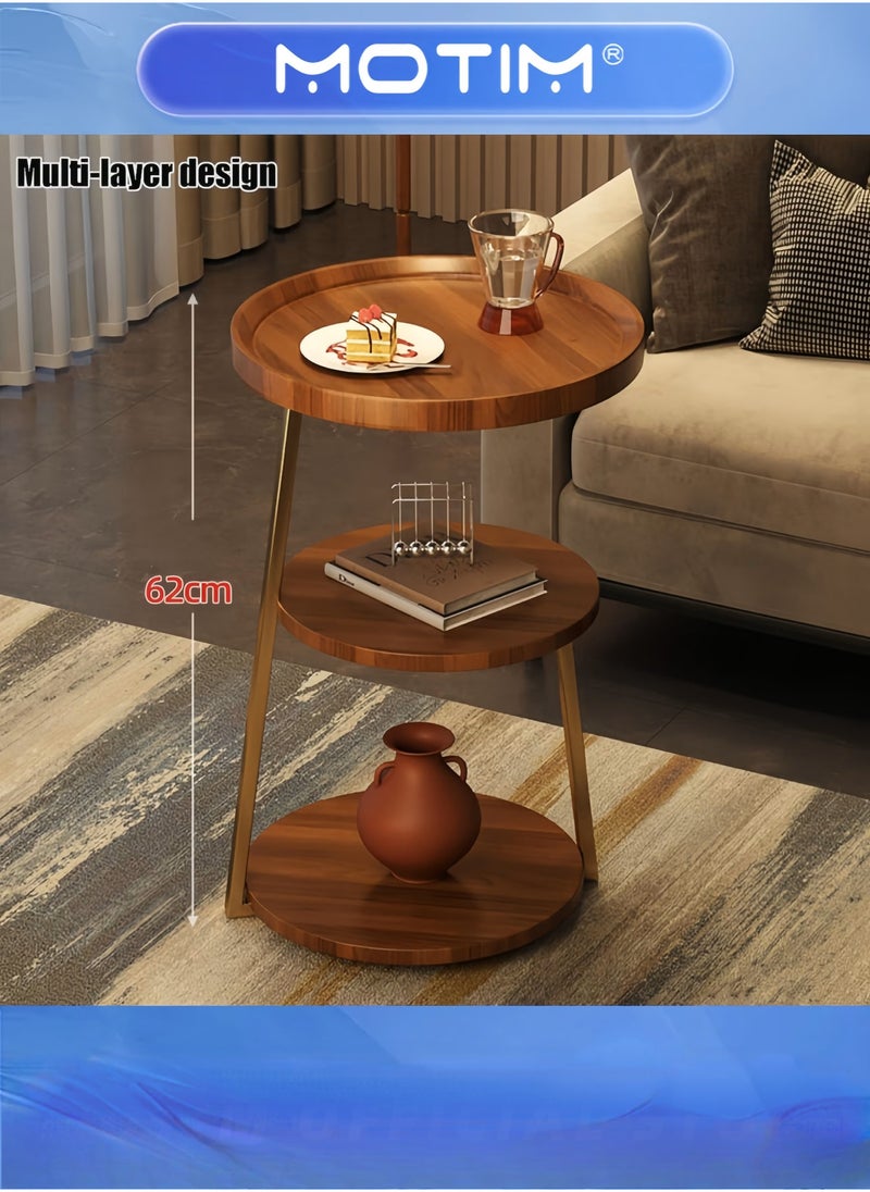 Round End Table with Metal Frame Accent Bedside Table Nightstand with 3-Tier Shelves Small Table for Living Room and Bedroom Couch, Small Coffee Table