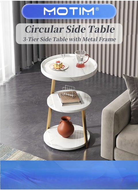 Round End Table with Metal Frame Accent Bedside Table Nightstand with 3-Tier Shelves Small Table for Living Room and Bedroom Couch, Small Coffee Table