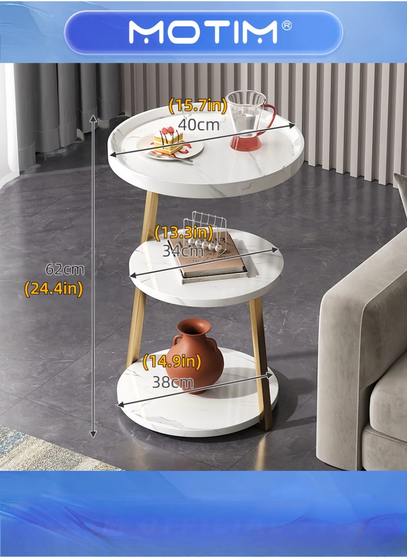 Round End Table with Metal Frame Accent Bedside Table Nightstand with 3-Tier Shelves Small Table for Living Room and Bedroom Couch, Small Coffee Table