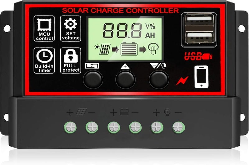 ديبفكو [محدث 2021] 30A وحدة تحكم شحن شمسي، منظم بطارية لوحة شمسية ذكي أسود مع منفذي USB مزدوجين 12V/24V PWM معلمات تلقائية شاشة LCD قابلة للتعديل - Image 1