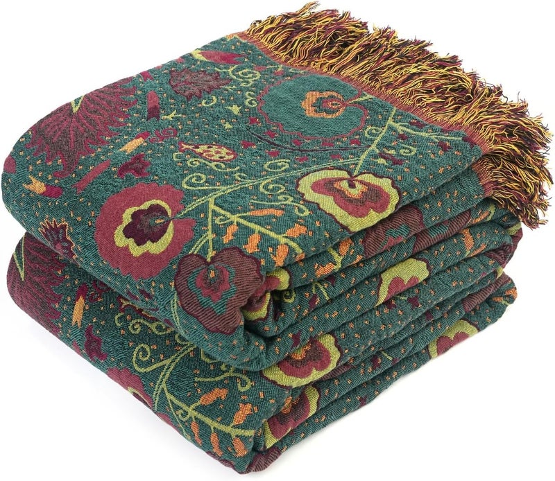 LUTBM Boho Throw Blanket for Bed - 100% Cotton Ultra Soft Rustic Quilt - Farmhouse Decor Bed Blankets,All Season Rustic Throw for Sofa Couch Chair (Flower-Dark Green, 80"×90") - Image 1
