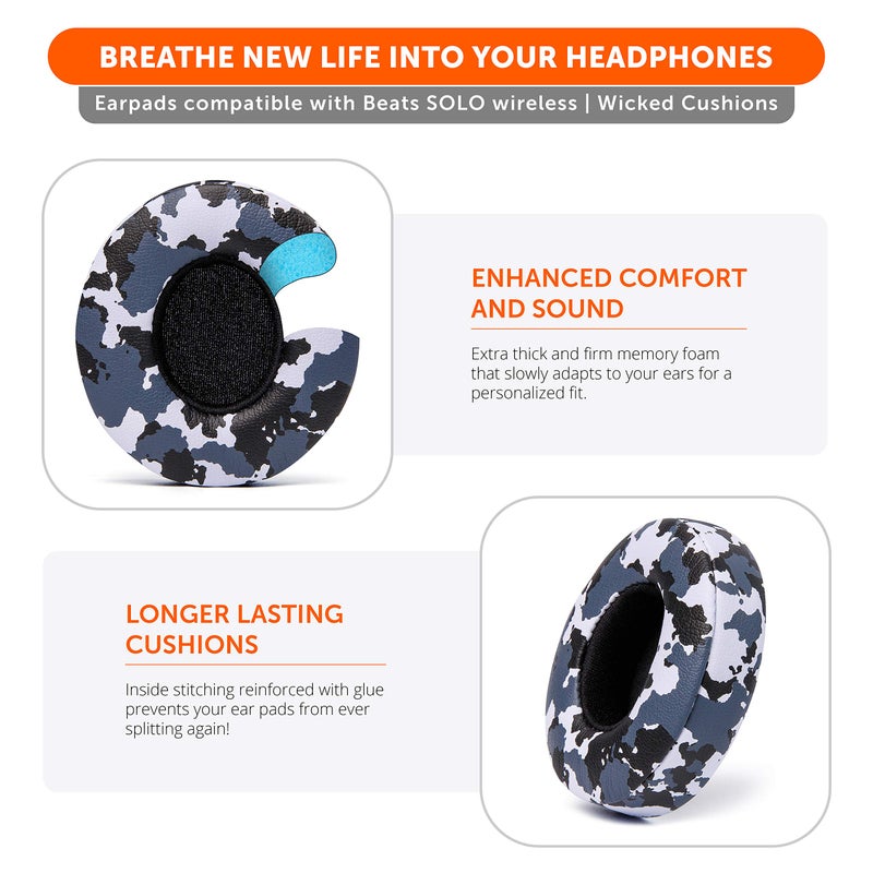 WC Extra Thick Replacement Earpads for Beats Solo 2 & 3 by Wicked Cushions - Ear Pads for Beats Solo 2 & 3 Wireless ON-Ear Headphones - Soft Leather, Luxury Memory Foam, Strong Adhesive | Snow Camo - Image 4