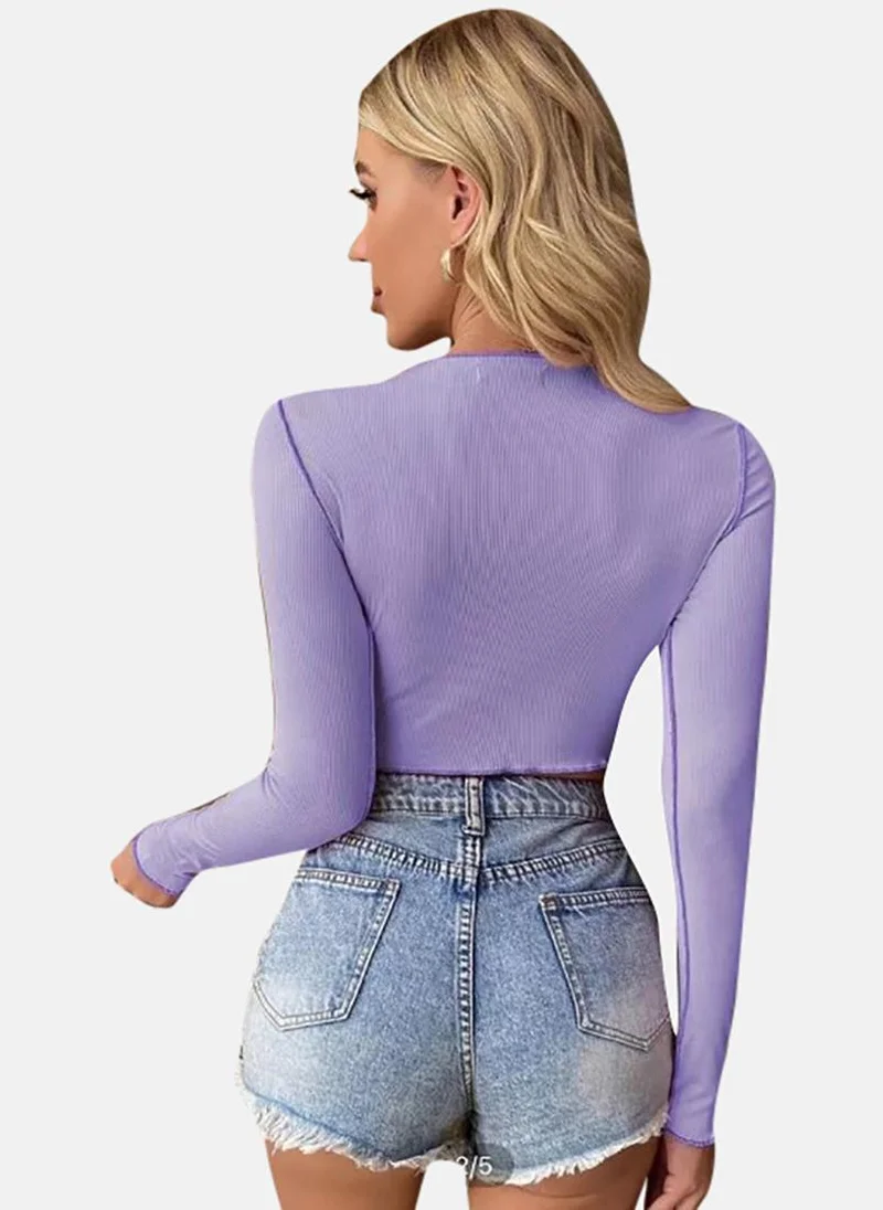 YUNIQEE Purple Colour Blocked Long Sleeve Round Neck Crop Top