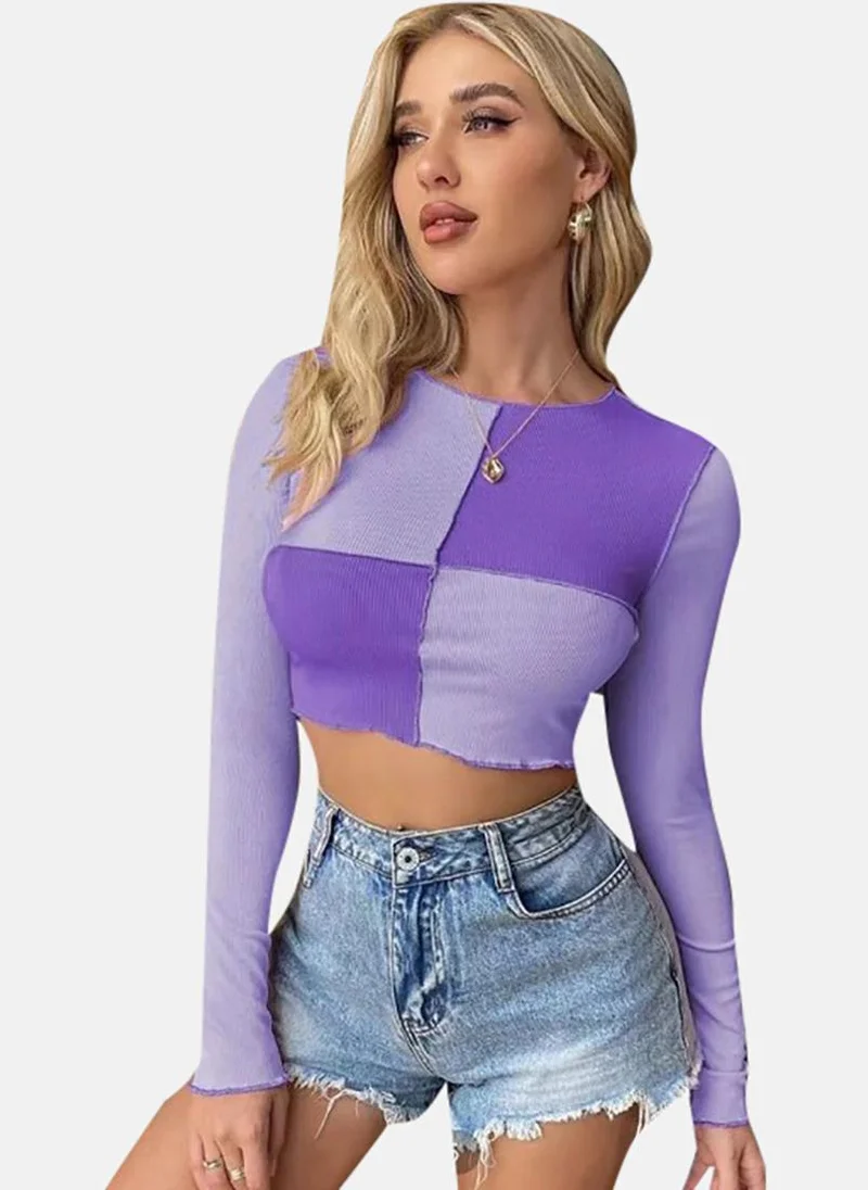 يونيكي Purple Colour Blocked Long Sleeve Round Neck Crop Top