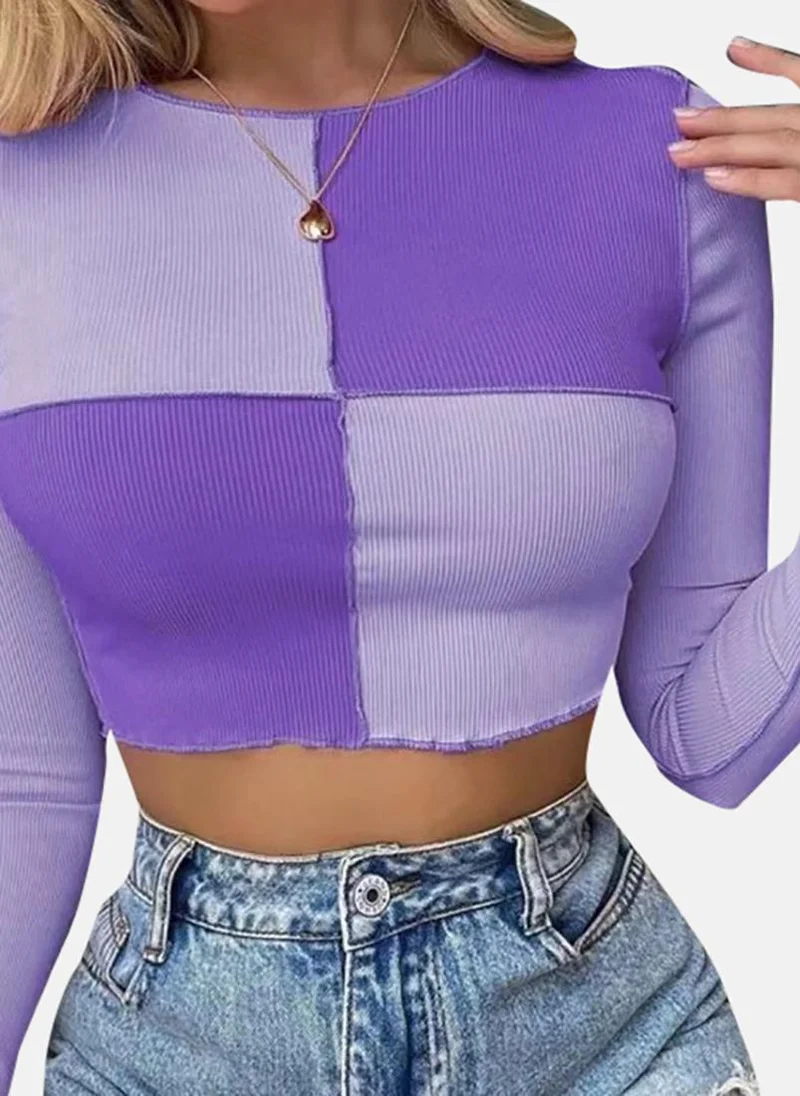 YUNIQEE Purple Colour Blocked Long Sleeve Round Neck Crop Top