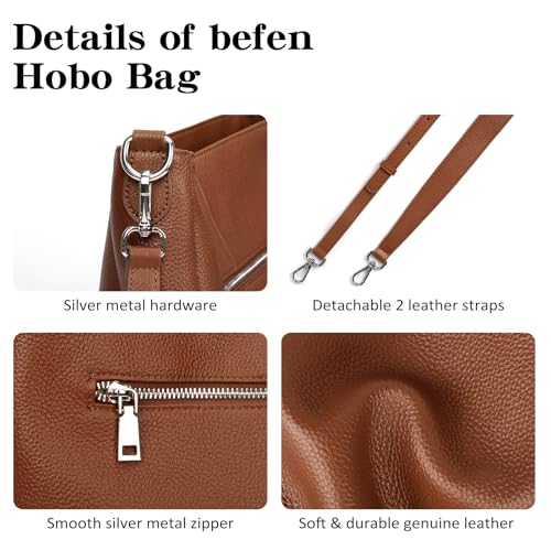 befen Genuine Leather Shoulder Bags Hobo Handbags Bag Small Durable Crossbody Purses for Women Everyday & Travel Cognac Brown - Image 4