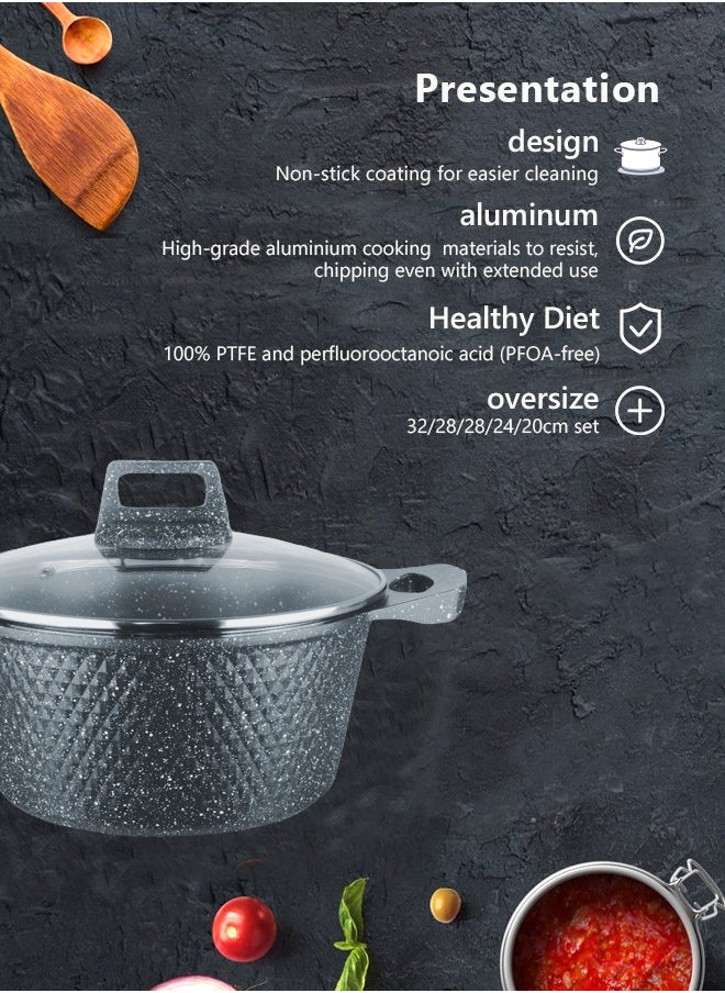 HK 10-Piece Kitchen Cookware set, Casserole Set And Frying Pan With Non Stick Cookware sets ,Finish Glass lid PFOA-Free  20-24-28-32 cm (Deep Stockpot) + 28 cm (Shallow Stockpot)（Grey）  - Image 2