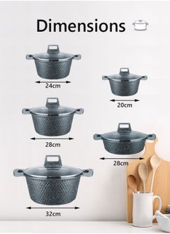 HK 10-Piece Kitchen Cookware set, Casserole Set And Frying Pan With Non Stick Cookware sets ,Finish Glass lid PFOA-Free  20-24-28-32 cm (Deep Stockpot) + 28 cm (Shallow Stockpot)（Grey）  - Image 3