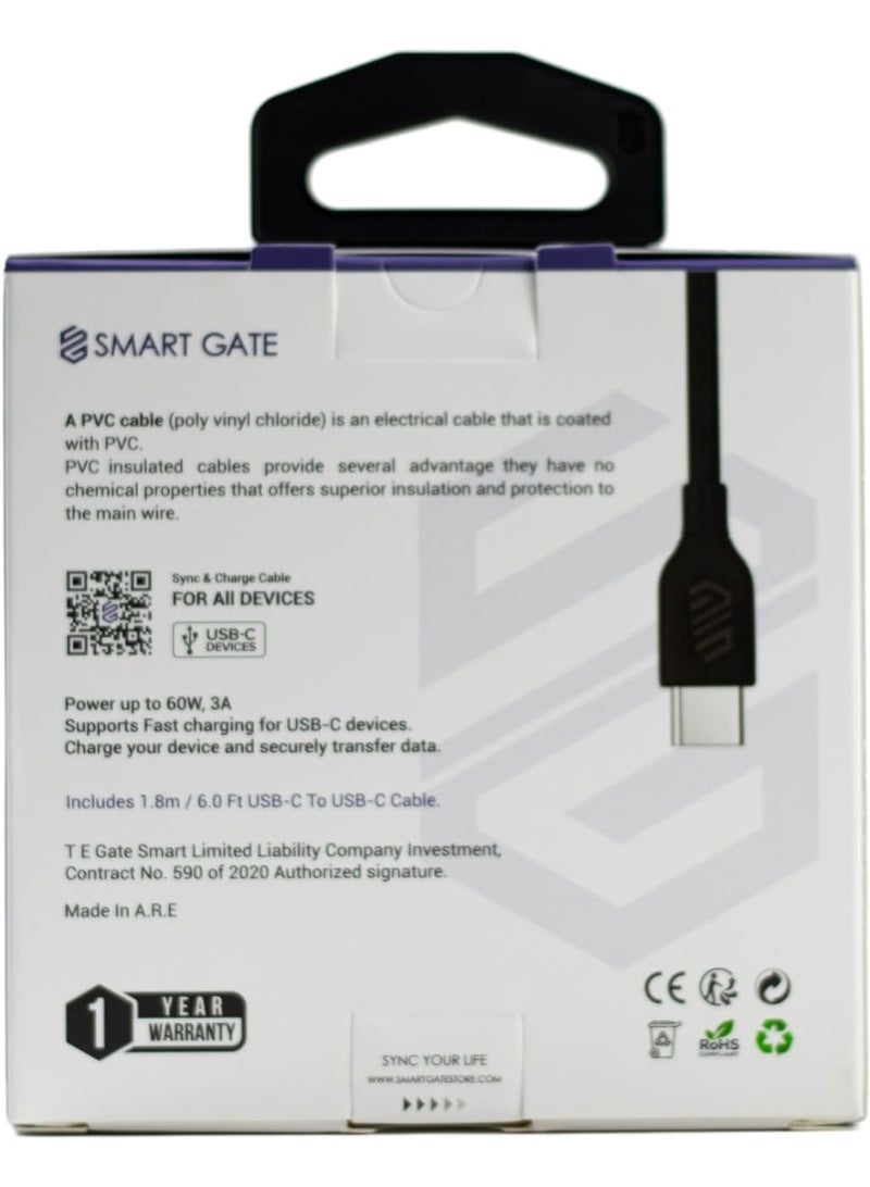 Smart Gate Cable SGCA-PCCF180B PVC USB-C to USB-C Fast, Shielded 1.8m Black - Image 1