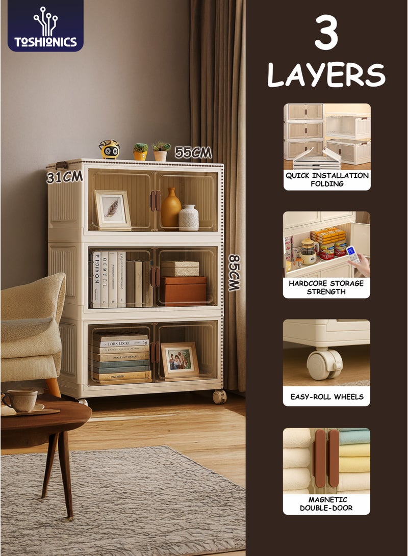 Toshionics 3 Tier Plastic Storage Cabinet - 55x31x85cm - with Transparent Brown-Tinted Acrylic Double Doors and Lockable Wheels – Multi-Layer Foldable, Stackable, Versatile Organizer for Clothes, Toys, Pantry and More- Available in Various Sizes - Image 1