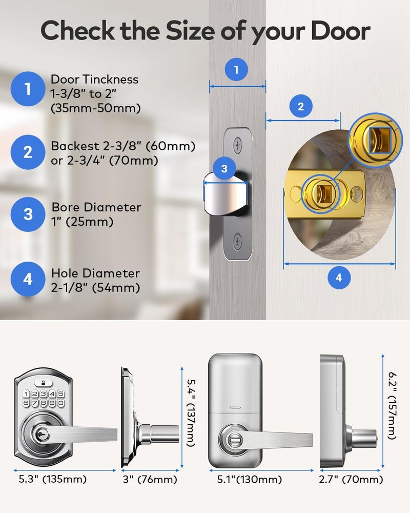TEEHO TE004 Keyless Entry Keypad Door Lock with Handle - Smart Digital Electronic Lock for Interior Door with Anti-Peeping, Auto Lock & Passage Mode - Easy Installation - Satin Nickel - Image 4