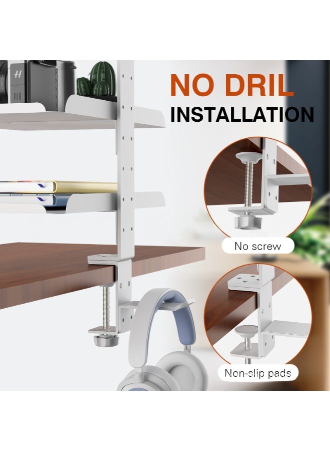 3-Tier Metal Clamp-On Desk Shelf Organizer, Adjustable Metal Storage Tray, Headphone Desktop Stand , Under Desk Extension Shelving Unit, No Drilling Anti-Slip Exender Shelf for Home Office - Image 2