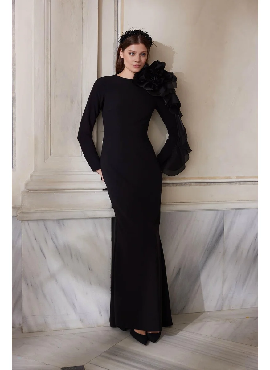 Manuka Organza Detailed Evening Dress - Black with Brooch