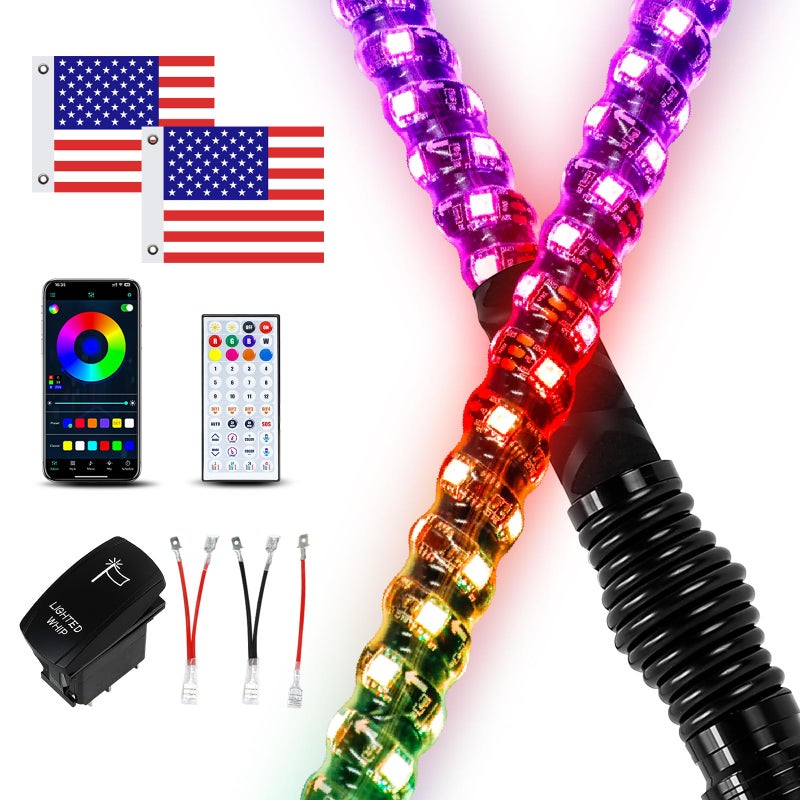 VI9000 2 Pack 4FT Whip Lights with Spring Base LED Whip Light with App Remote Control Spiral RGB Chasing Lighted Whips with Rocker Switch Music Whip Light for UTV ATV
