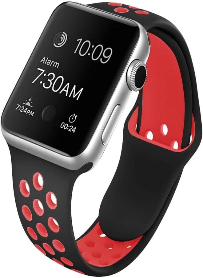 Izone - IZONE Silicone Sport Strap Band for Apple Watch Series 2,3,4,5,6,7,SE,8,Ultra (38mm/40mm/41mm, Black Red) - Image 1