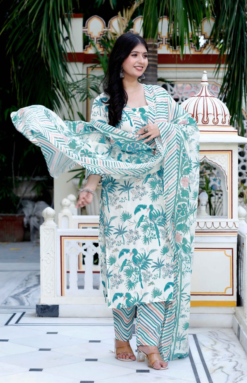 Miravan Womens Cotton Light Green Scenic Birds And Leaf Floral Printed Straight Suit Set - Image 3