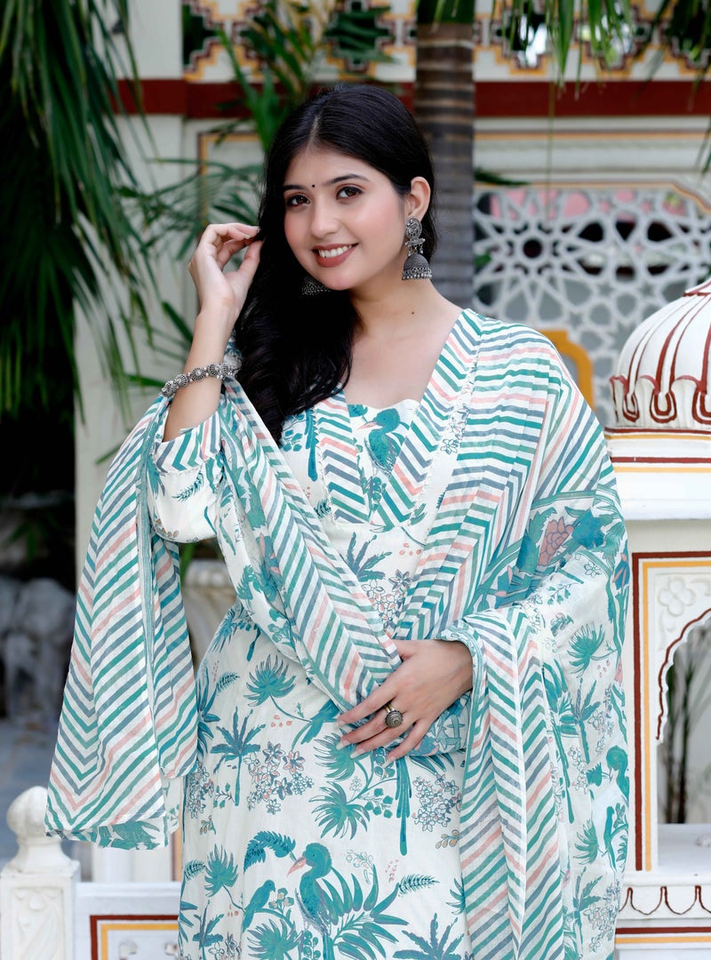 Miravan Womens Cotton Light Green Scenic Birds And Leaf Floral Printed Straight Suit Set - Image 4