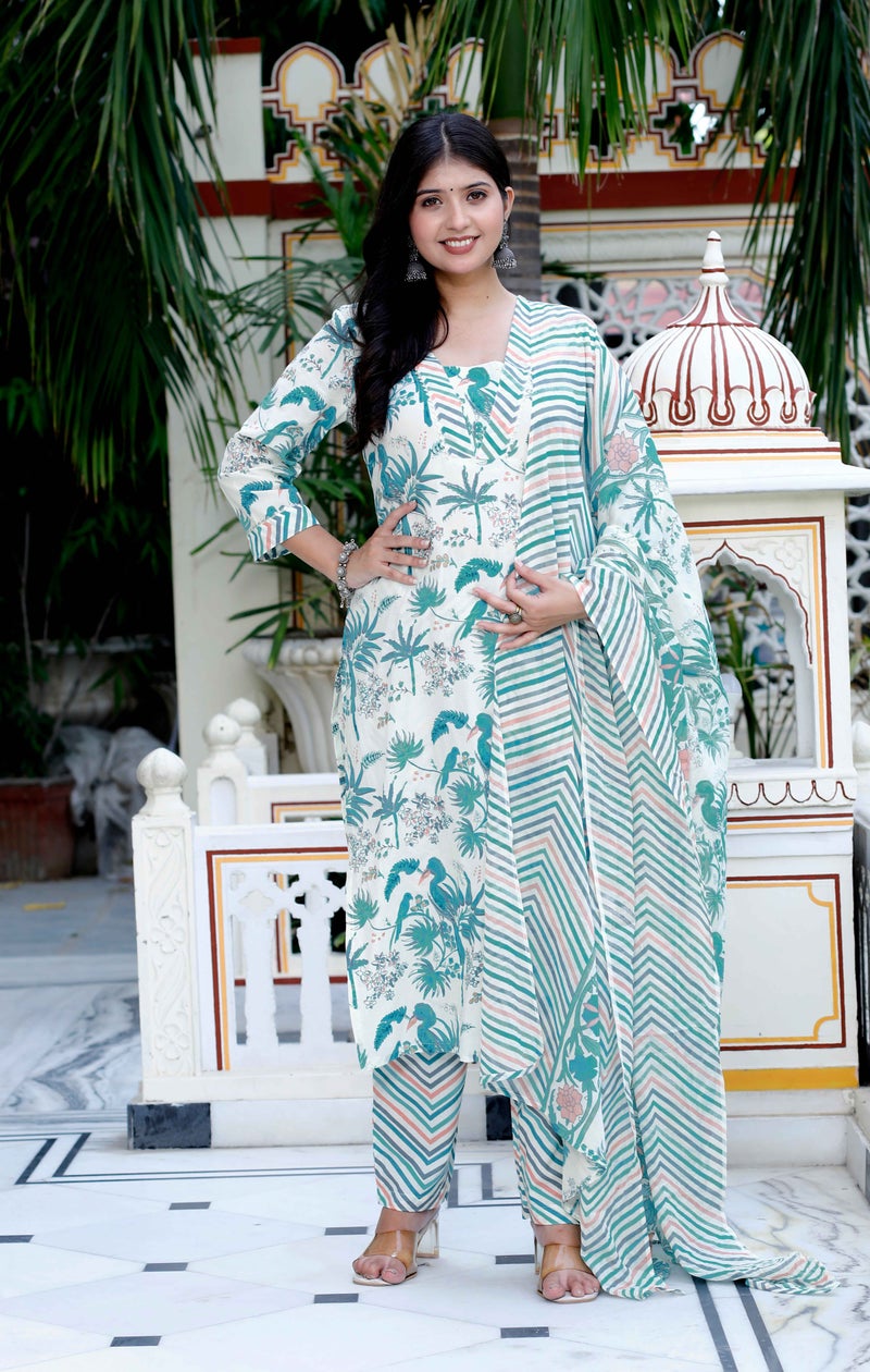 Miravan Womens Cotton Light Green Scenic Birds And Leaf Floral Printed Straight Suit Set - Image 1