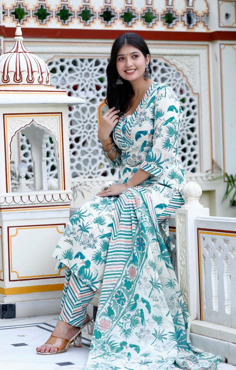 Miravan Womens Cotton Light Green Scenic Birds And Leaf Floral Printed Straight Suit Set - Image 5