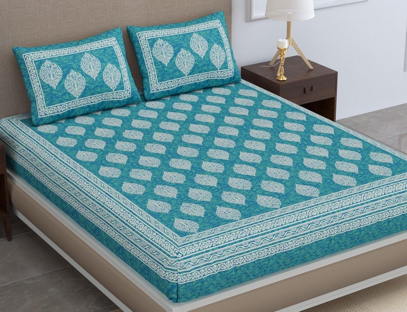 SheetKart 144 TC Cotton Printed Jaipuri Bedsheet Double Bed with 2 Pillow Covers, Sea Green, 144-200 tc - Image 2