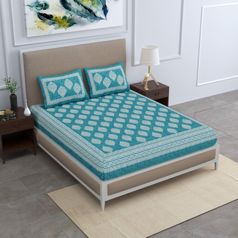 SheetKart 144 TC Cotton Printed Jaipuri Bedsheet Double Bed with 2 Pillow Covers, Sea Green, 144-200 tc - Image 5